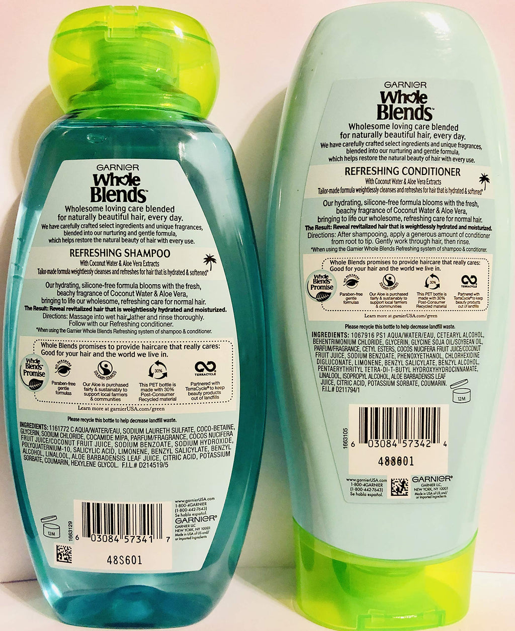 Garnier Whole Blends Haircare - Coconut Water & Aloe Vera - Refreshing Shampoo & Conditioner Set - Net Wt. 12.5 FL OZ (370 mL) Per Bottle - One Set