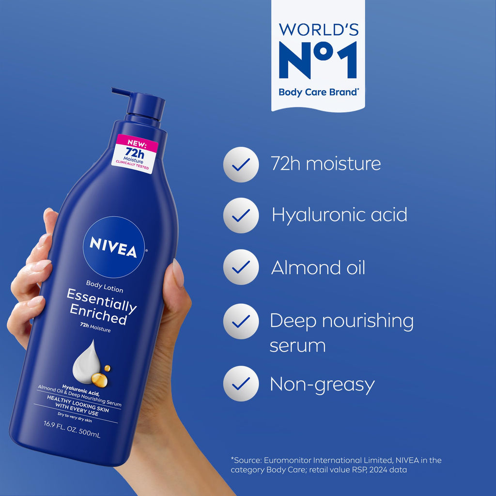 NIVEA Essentially Enriched Body Lotion for Very Dry Skin with Hyaluronic Acid, Almond Oil and Deep Nourishing Serum, 72-Hour Body Moisturizer, 33.8 Fl Oz Value Size Pump Bottle