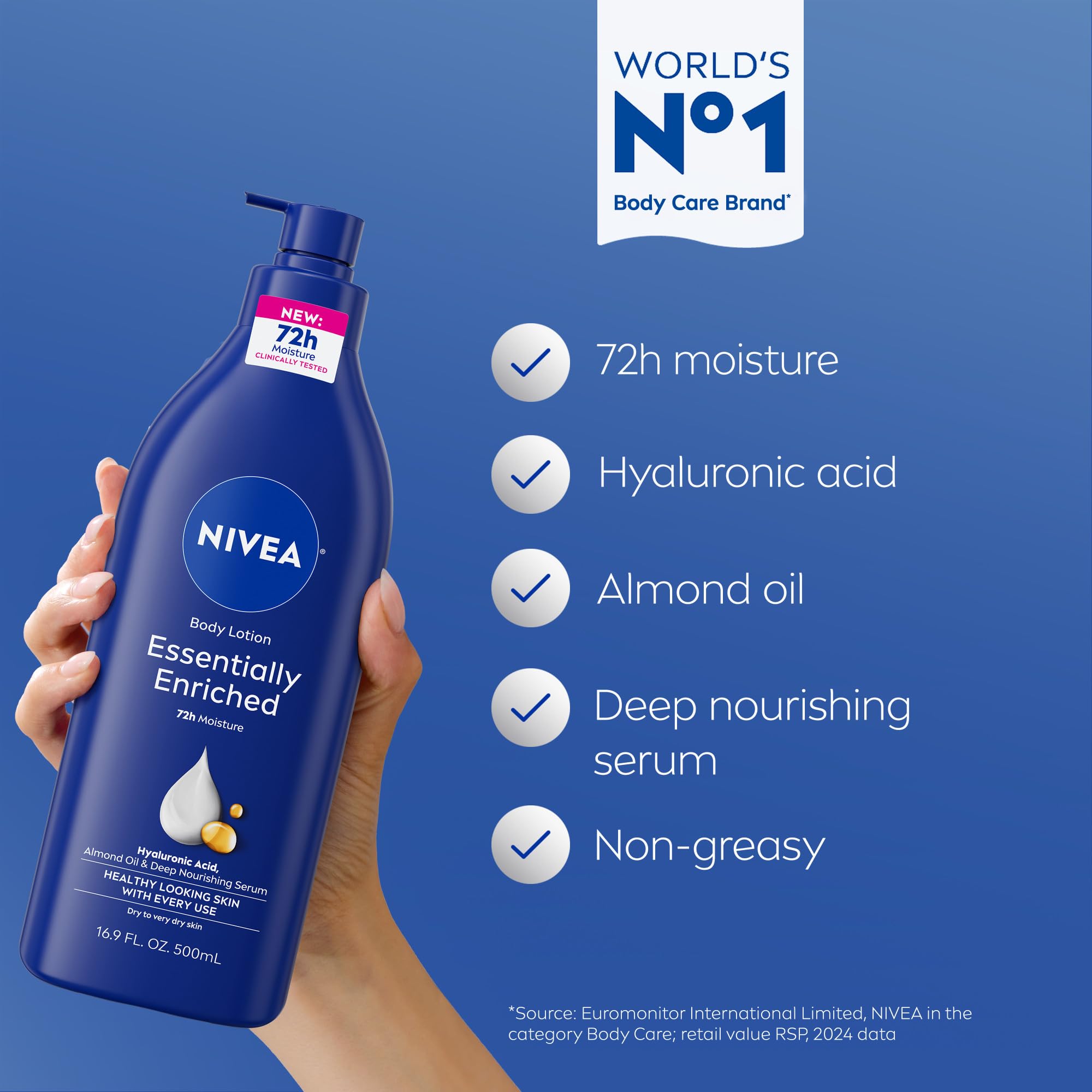NIVEA Essentially Enriched Body Lotion for Very Dry Skin with Hyaluronic Acid, Almond Oil and Deep Nourishing Serum, 72-Hour Body Moisturizer, 33.8 Fl Oz Value Size Pump Bottle