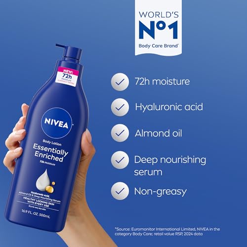 NIVEA Essentially Enriched Body Lotion for Very Dry Skin with Hyaluronic Acid, Almond Oil and Deep Nourishing Serum, 72-Hour Body Moisturizer, 33.8 Fl Oz Value Size Pump Bottle