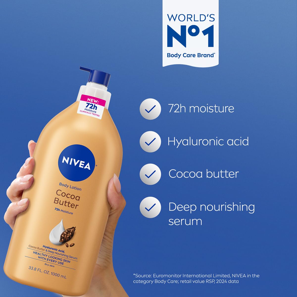 NIVEA Cocoa Butter Body Lotion for Dry Skin with Hyaluronic Acid, Cocoa Butter and Deep Nourishing Serum, 72-Hour Body Moisturizer, 16.9 Fl Oz Pump Bottle