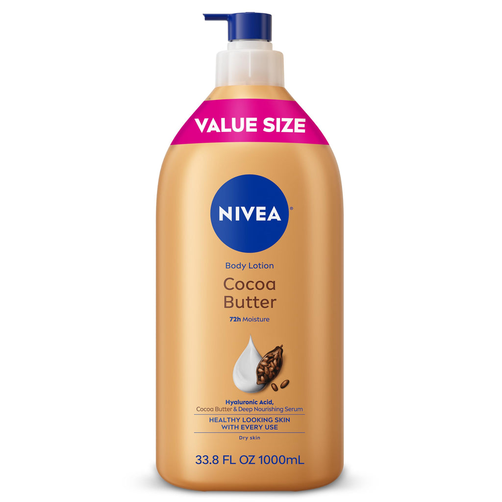 NIVEA Cocoa Butter Body Lotion for Dry Skin with Hyaluronic Acid, Cocoa Butter and Deep Nourishing Serum, 72-Hour Body Moisturizer, 16.9 Fl Oz Pump Bottle