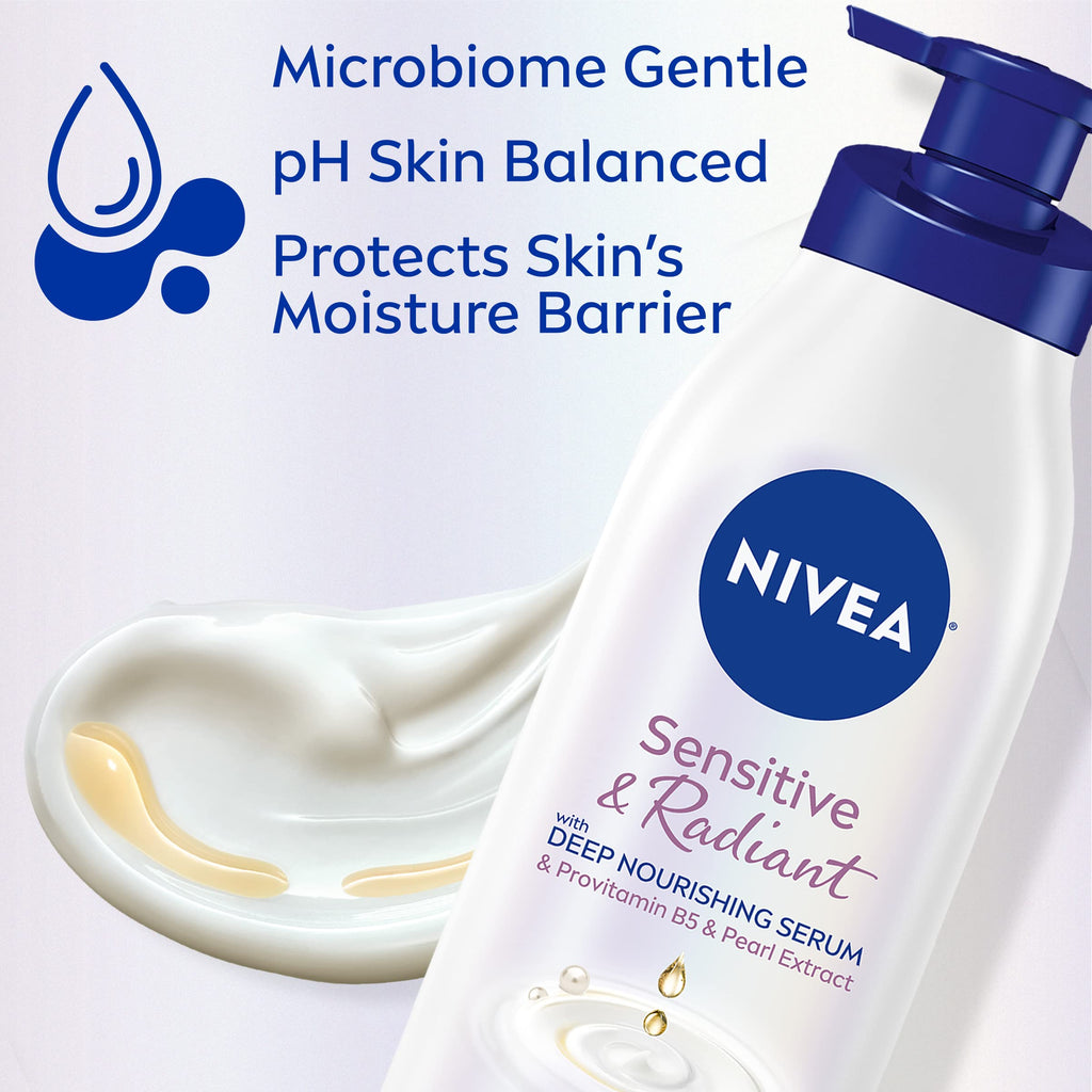 NIVEA Sensitive and Radiant Body Lotion for Sensitive Skin, Hypoallergenic, Fragrance Free Body Lotion for Women with Deep Nourishing Serum, Pearl Extract and Provitamin B5, 16.9 Fl Oz Bottle