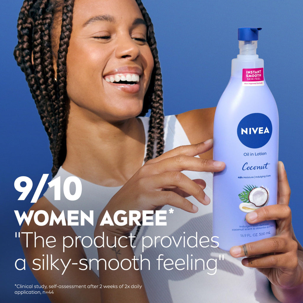NIVEA Oil Infused Lotion Coconut and Monoi Oil Body Lotion for Women, Fast-Absorbing and Non-Greasy Coconut Scented Lotion Moisturizes for 48 Hours, 16.9 Fl Oz Pump Bottle