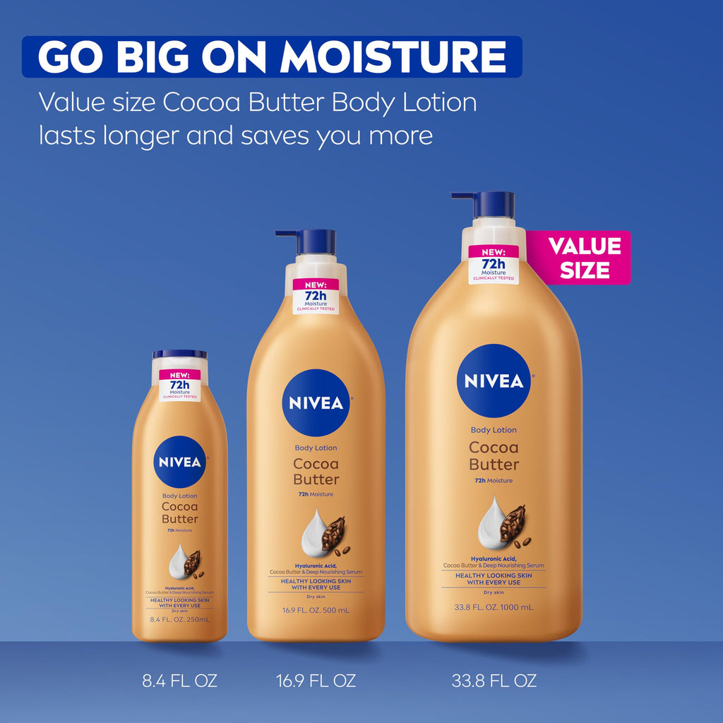 NIVEA Cocoa Butter Body Lotion for Dry Skin with Hyaluronic Acid, Cocoa Butter and Deep Nourishing Serum, 72-Hour Body Moisturizer, 16.9 Fl Oz Pump Bottle
