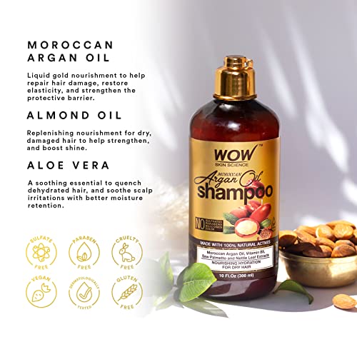 WOW Skin Science Moroccan Argan Oil Shampoo, Sulfate Free and Moisturizing Shampoo for Dry Damaged Hair for Women & Men, 10.1 Fl Oz